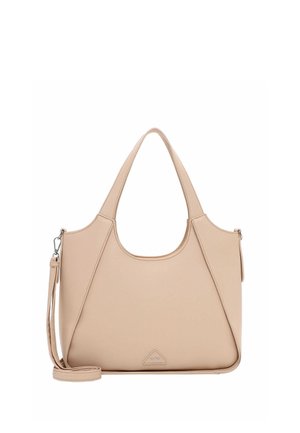 Béžová kožená kabelka s dvojitými uchy a odnímatelným ramenním popruhem, s jemnou trojúhelníkovou logovou nášivkou na přední straně.