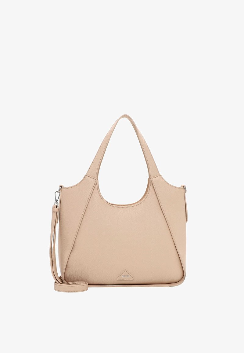 Beige leren handtas met dubbele hengsels en afneembare schouderriem, voorzien van een subtiel driehoekig logoplaatje aan de voorkant.