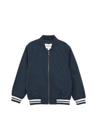 Donkerblauwe bomberjack met een ritssluiting aan de voorkant, ribbelkraag en -manchetten, en witte accenten. Soepele stof; twee zijzakken.