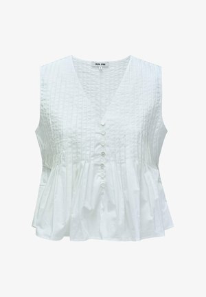 Blusa sin mangas blanca con escote en V, con plisados verticales, seis botones en el frente y una línea de cintura acampanada. Tejido suave de algodón.