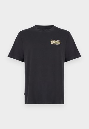 Black cotton t-shirt with a crew neck and short sleeves, featuring a gold graphic print on the left chest reading "ELEMENT X TIMBER".