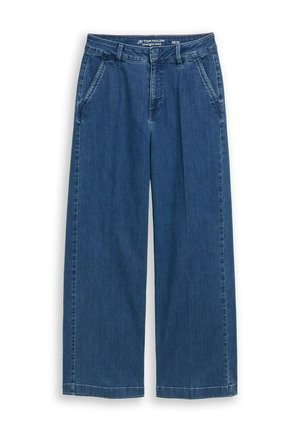 Jean denim bleu à jambes larges avec poches avant, passants pour ceinture et taille mi-haute, étiquette Tom Tailor taille 28/32.