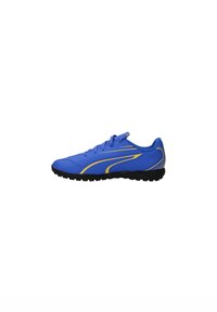 Scarpa sportiva blu con accenti gialli, tomaia in materiale sintetico liscio, suola in gomma nera e punta arrotondata. Presenta lacci e un design a profilo basso.