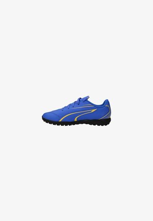 Scarpa sportiva blu con accenti gialli, tomaia in materiale sintetico liscio, suola in gomma nera e punta arrotondata. Presenta lacci e un design a profilo basso.