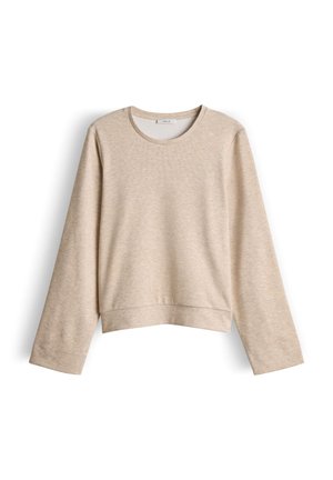 Beige gekürztes Sweatshirt aus weichem Stoff, mit rundem Ausschnitt, langen Ärmeln und geripptem Saum mit einer glatten, strukturierten Optik.