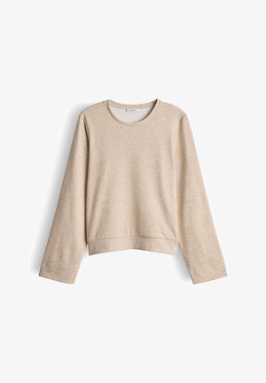 Sweat-shirt court beige en tissu doux, avec encolure ronde, manches longues et ourlet côtelé, offrant une apparence lisse et texturée.