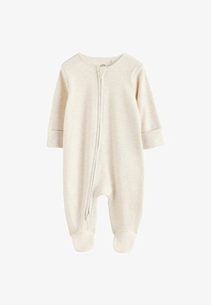Crème-kleurige baby rompertje van ribstof, met een ritssluiting aan de voorkant, lange mouwen en een ontwerp met voetjes.