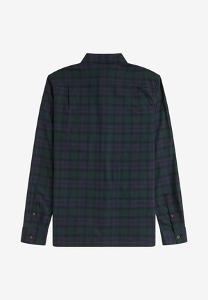 Camicia a maniche lunghe in un motivo a quadri verde scuro e blu navy. Presenta un colletto, due tasche posteriori e polsini con bottone. Tessuto morbido.