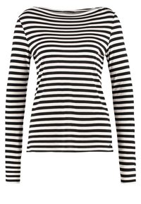 Czarnobiała w paski, długosleeve bluzka z szerokim dekoltem, wykonana z miękkiego materiału. Charakteryzuje się poziomymi paskami i dopasowanym krojem.