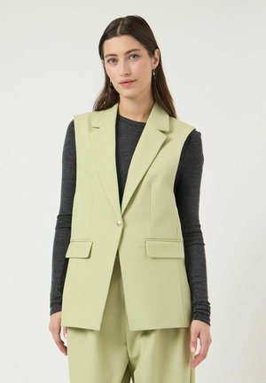 Kobieta ubrana w jasnozieloną bezrękawnikową marynarkę i pasujące spodnie na ciemnoszarym, długim rękawie, stojąca na jednolitym tle.