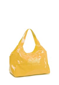 Borsa a mano in pelle lucida gialla con finitura brillante, dotata di manici e stampa del logo sul davanti.