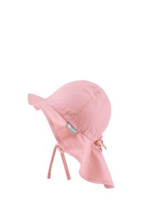 Rosa Sonnenhut mit breiter Krempe, aus leichtem Stoff gefertigt. Verfügt über verstellbare Bänder am Kinn und ein Etikett an der Seite.