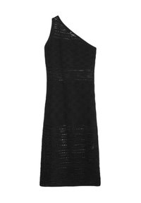 Robe noire en tricot avec un design à une épaule, tissu texturé et motifs horizontaux. Mi-longue avec une silhouette ajustée.