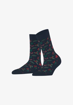 Marineblaue Knöchelsocken mit einem floralen Muster in Rot und Grün, mit Blättern und Beeren, gerippten Bündchen und einer glatten Textur.