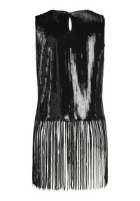 Mustan hihattoman topin koristelu on paljeteilla, ja siinä on texturoitu muotoilu sekä hapsut alaosassa. Takana on pyöreä avaus.