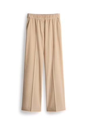 Pantaloni beige a gamba larga con vita elasticizzata, due tasche laterali e un tessuto testurizzato caratterizzato da righe verticali su tutta la superficie.