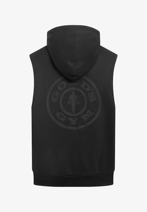 Schwarzer ärmelloser Hoodie mit dezentem glänzendem Gold's Gym-Logo auf der Rückseite, das eine muskulöse Figur zeigt, die Hanteln hält.