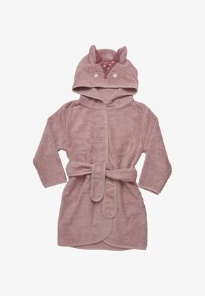 Pink hooded bathrobe made of soft terry cloth. Features animal ears, button closure, belt, and textured accents on the hood.