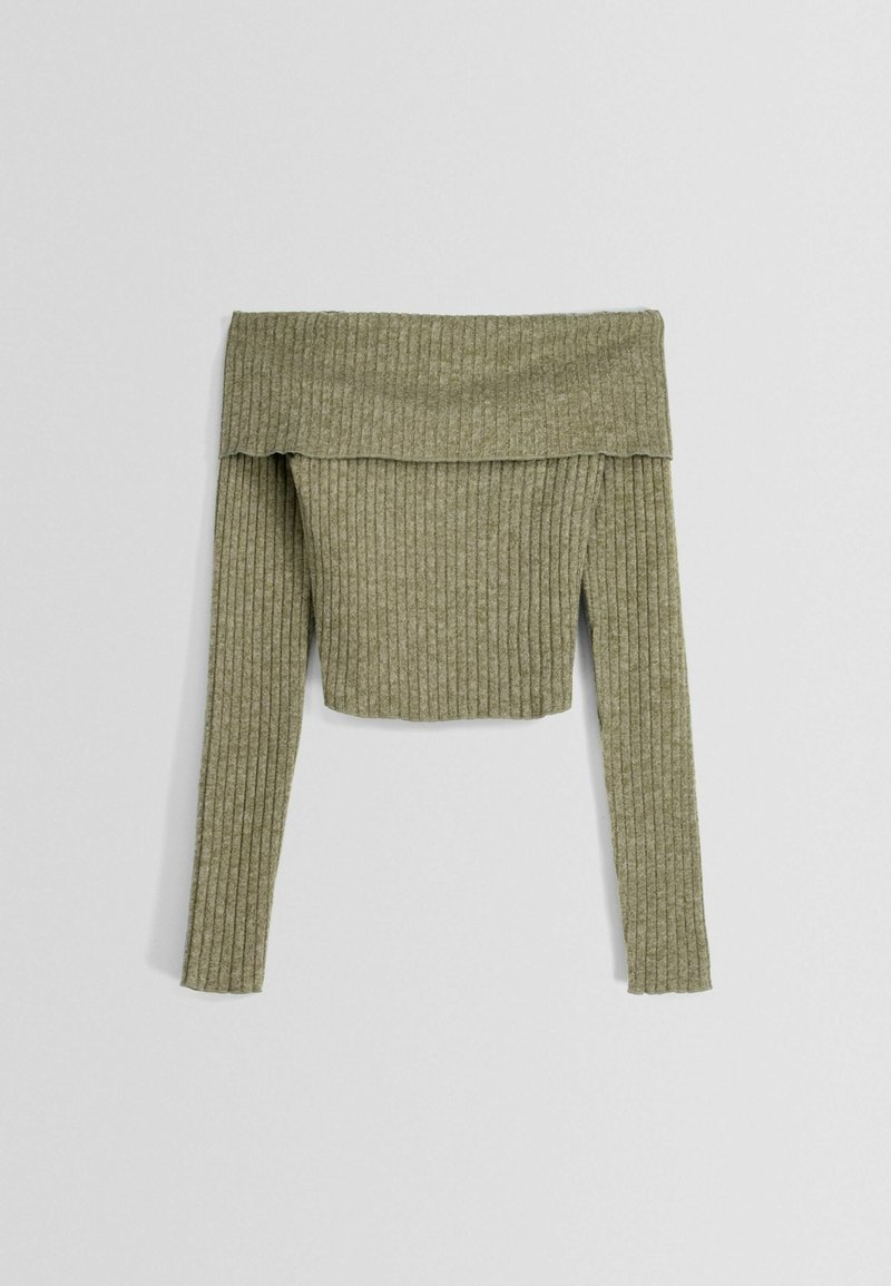 Top corto a coste, off-the-shoulder, in verde oliva. Maniche lunghe e texture morbida con righe orizzontali. Adatto per diverse occasioni.