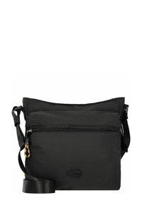 Schwarze Stoff-Crossbody-Tasche mit einer vorderen Reißverschlusstasche, verstellbarem Schulterriemen und Logodetail. Glatte Textur mit einem schlichten, rechteckigen Design.