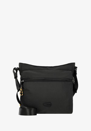 Black fabric crossbody bag with a front zip pocket, adjustable strap, and logo detail. Smooth texture with a simple, rectangular design.