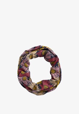 Ziedu raksta auduma šalle ar cilpu, kurā ir sarkanas, rozā, dzeltenas un bēšas margrietiņu ziedu dizaini uz tumši zilas pamatnes.