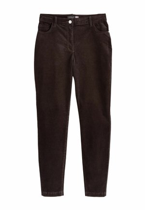 Pruunist korduroy kangast slim fit püksid, viie taskuga, ees nööbiga ja vetthülgav sulgemine. Omab tekstuurset kangast ja õmblustatud äärtega.