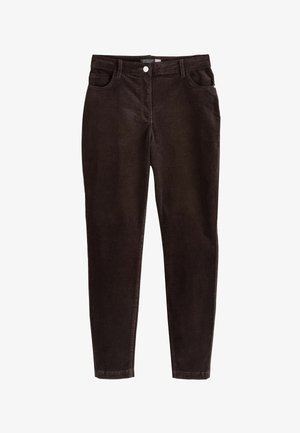 Braune Cordhosen mit slim Fit, fünf Taschen, einem vorderen Knopf und Reißverschluss. Mit strukturiertem Stoff und gesticktem Saum.