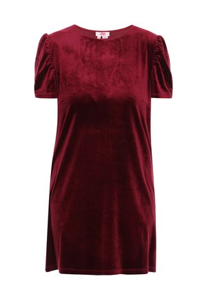 Bordeaux fluwelen jurk met korte pofmouwen, ronde hals en een soepele textuur. Heeft een zijsplit voor extra detail.