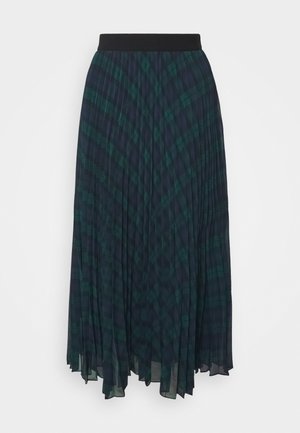 Jupe midi plissée à motif tartan vert foncé et bleu marine avec une ceinture élastique unie noire.