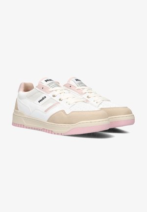 White and beige sneakers featuring smooth leather and suede materials, pink accents, perforated details, and a textured rubber sole.