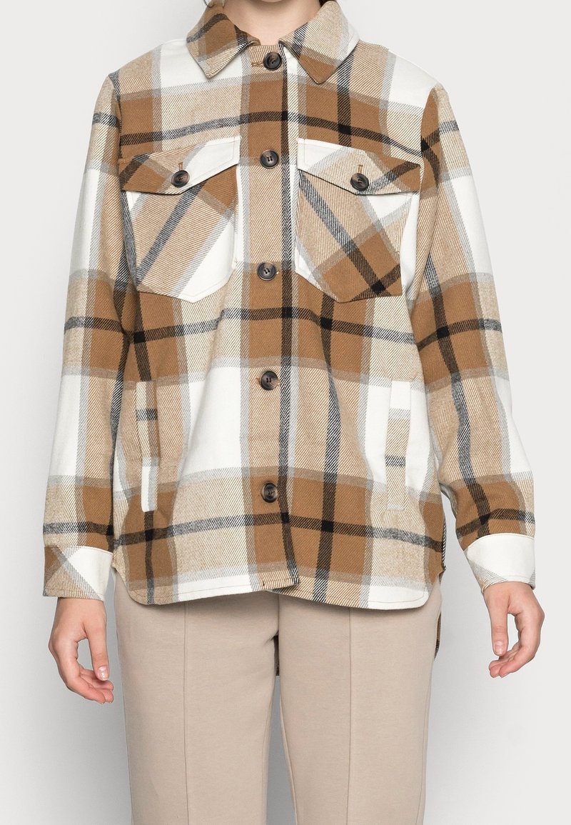 Brown and beige plaid shirt jacket with a button-up front, two chest pockets, and a collar. Made of a textured fabric.