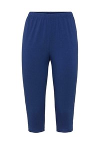 Marineblauwe knielange broek met een elastische tailleband, gemaakt van zachte, rekbare stof. Heeft een gladde textuur en een eenvoudig design.