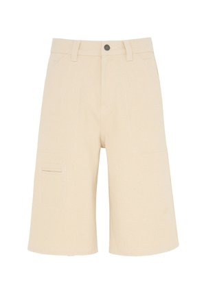 Pantaloni cargo beige realizzati in tessuto resistente, con una vestibilità comoda, tasche frontali e una tasca laterale con dettagli a pattina.