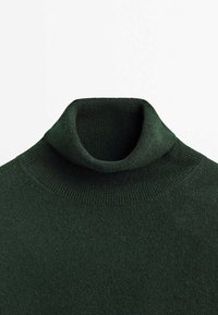 Pull col roulé vert foncé en tissu tricoté côtelé, avec un col haut plié et une texture lisse.