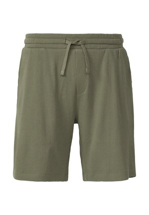 Olivgrüne Shorts mit einem strukturierten, waffelartigen Muster, einem elastischen Bund mit Kordelzug und Seitentaschen.