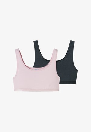 Zwei Bralette-Tops: eines in sanftem Pink und eines in dunklem Grau. Hergestellt aus glattem Stoff mit breiten Trägern und einem elastischen Bund am Saum.