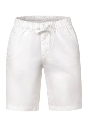 Pantaloncini bianchi casual alla lunghezza del ginocchio con vita elastica, chiusura con bottoni e tasche laterali, progettati per il comfort e l'uso quotidiano.