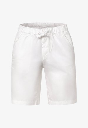 Pantaloncini bianchi casual alla lunghezza del ginocchio con vita elastica, chiusura con bottoni e tasche laterali, progettati per il comfort e l'uso quotidiano.