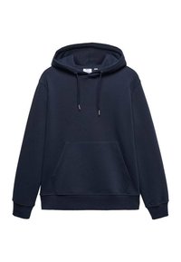 Felpa in misto cotone blu navy con tasca a marsupio davanti, cappuccio con cordino e dettagli a coste su polsini e orlo. Tessuto liscio e vestibilità casual.