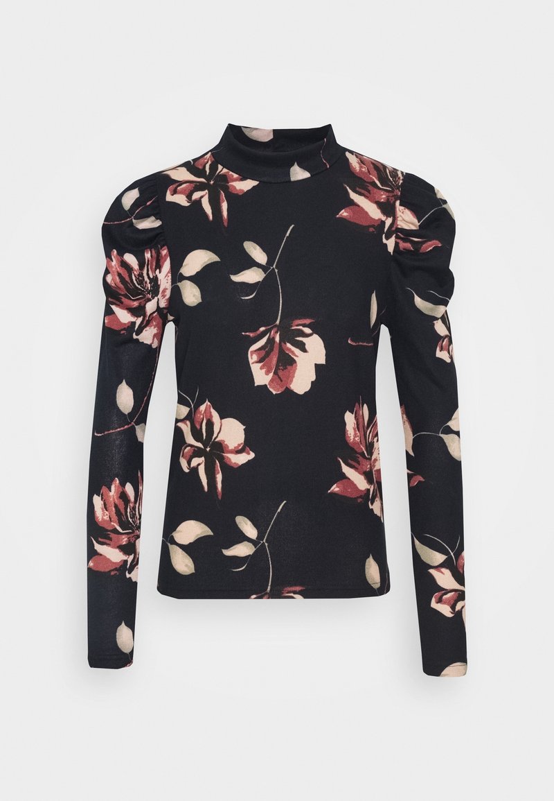 Haut noir à manches longues avec col montant, épaules bouffantes et grand imprimé floral rose et beige.