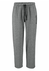 Graue Jogginghosen aus einem weichen, strukturierten Stoff. Sie verfügen über einen elastischen Bund mit Kordelzug und einen seitlichen Logo-Druck in schwarz.