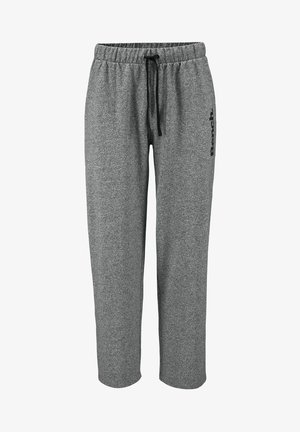 Graue Jogginghosen aus einem weichen, strukturierten Stoff. Sie verfügen über einen elastischen Bund mit Kordelzug und einen seitlichen Logo-Druck in schwarz.
