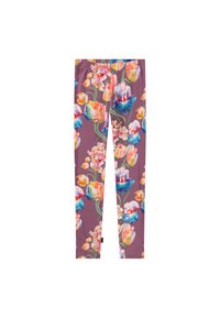 Leggins od rastezljivog materijala, s ljubičastom pozadinom i živopisnim cvjetnim uzorcima u ružičastim, žutim i plavim tonovima.