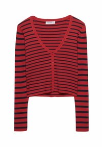 Rood en marineblauwe gestreepte cropped cardigan met lange mouwen, een V-hals, en zes knopen aan de voorkant. Ribbelstructuur overal.