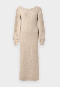 Robe tricotée longue beige avec un décolleté rond, des manches bouffantes longues et une silhouette droite, avec des poignets côtelés aux extrémités des manches.