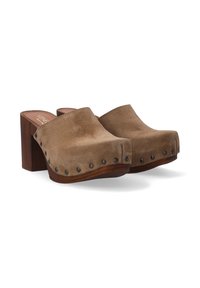 Brown suede mules with a chunky wooden heel, adorned with small metal studs along the front edge and smooth texture on the upper.