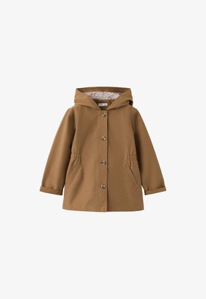 Manteau marron à capuche avec manches longues, quatre boutons sur le devant, deux poches inclinées et taille élastiquée, doublé d'un motif floral.