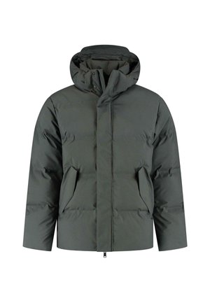 Ciemnozielona ocieplana kurtka z odpinanym kapturem, z zamkiem błyskawicznym z przodu i dwoma bocznymi kieszeniami. Gładka tekstura z pikowanymi sekcjami dla dodatkowej izolacji.