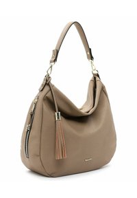 Soft taupe leather shoulder bag with gold zipper, detachable strap, and decorative leather tassel detail on front side.